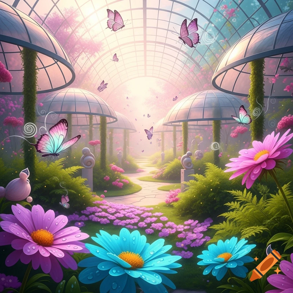 Vibrant, dreamlike butterfly farm in a glass greenhouse with colorful flowers and butterflies flying.