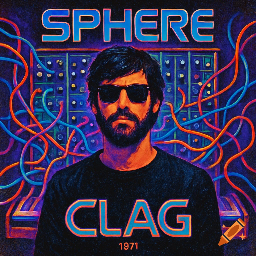 70s-style album cover art featuring a bearded man in sunglasses against a colorful electronic synthesizer. Text: SPHERE, CLAG 1971.