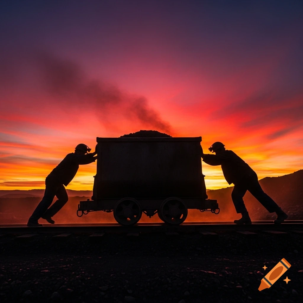 Silhouettes of two miners pushing a cart on tracks against a vibrant sunset sky, with smoke rising from the cart.