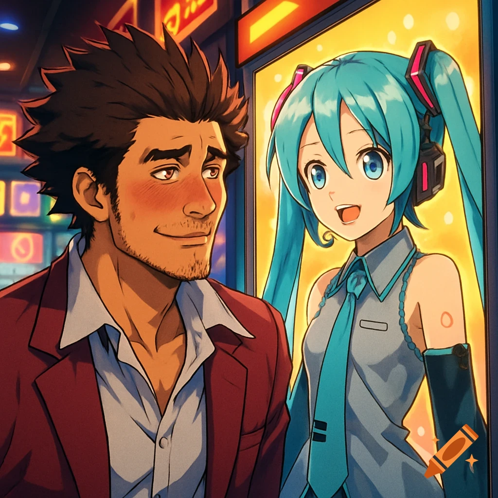 Anime-style Ichiban Kasuga blushes at a Hatsune Miku poster in a city setting.