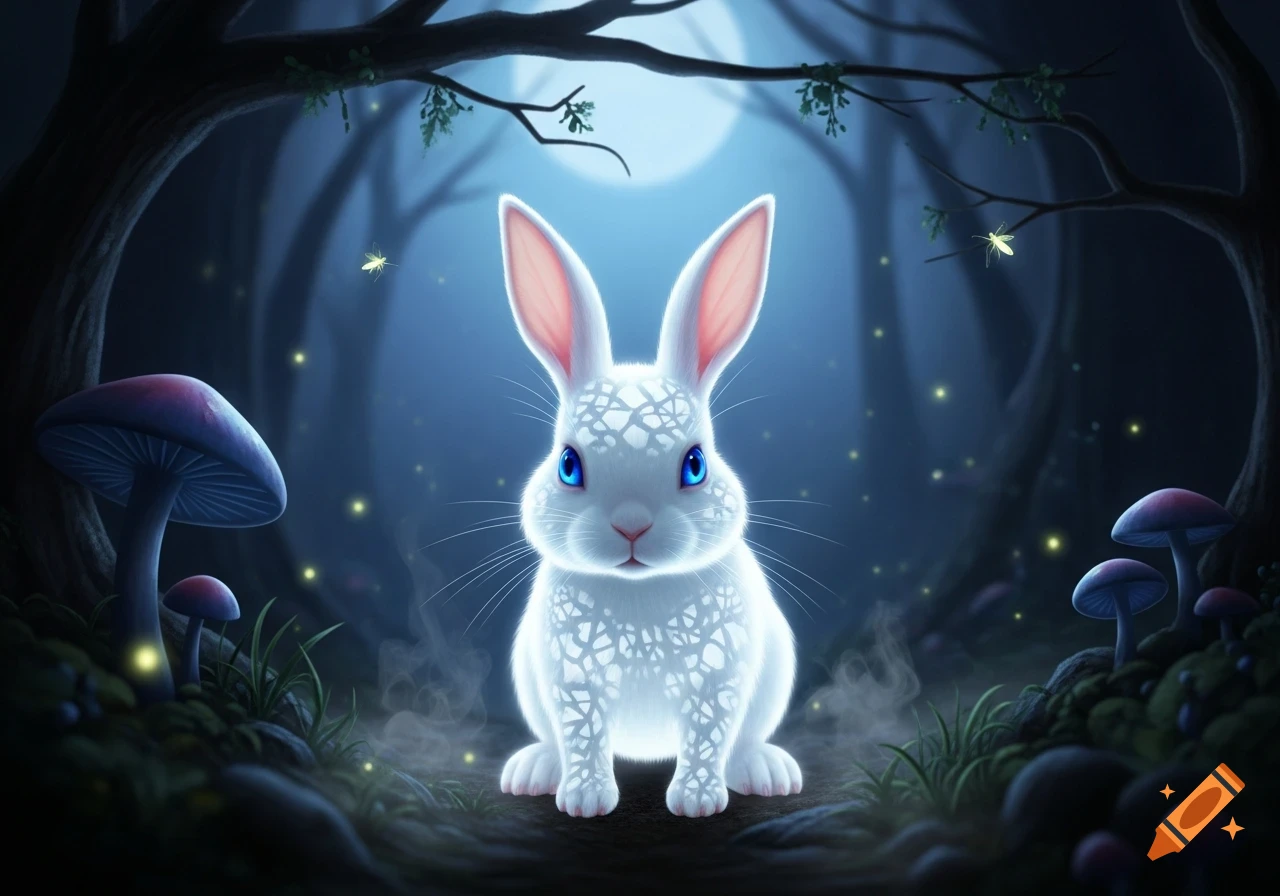 A glowing white rabbit with blue eyes in a mystical dark forest with luminous mushrooms and fireflies.
