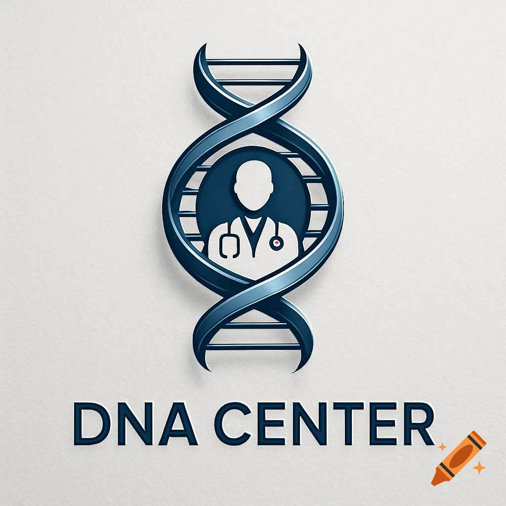 A blue metallic DNA double helix frames a white silhouette of a doctor with a stethoscope, above the text 'DNA CENTER' on a light background.