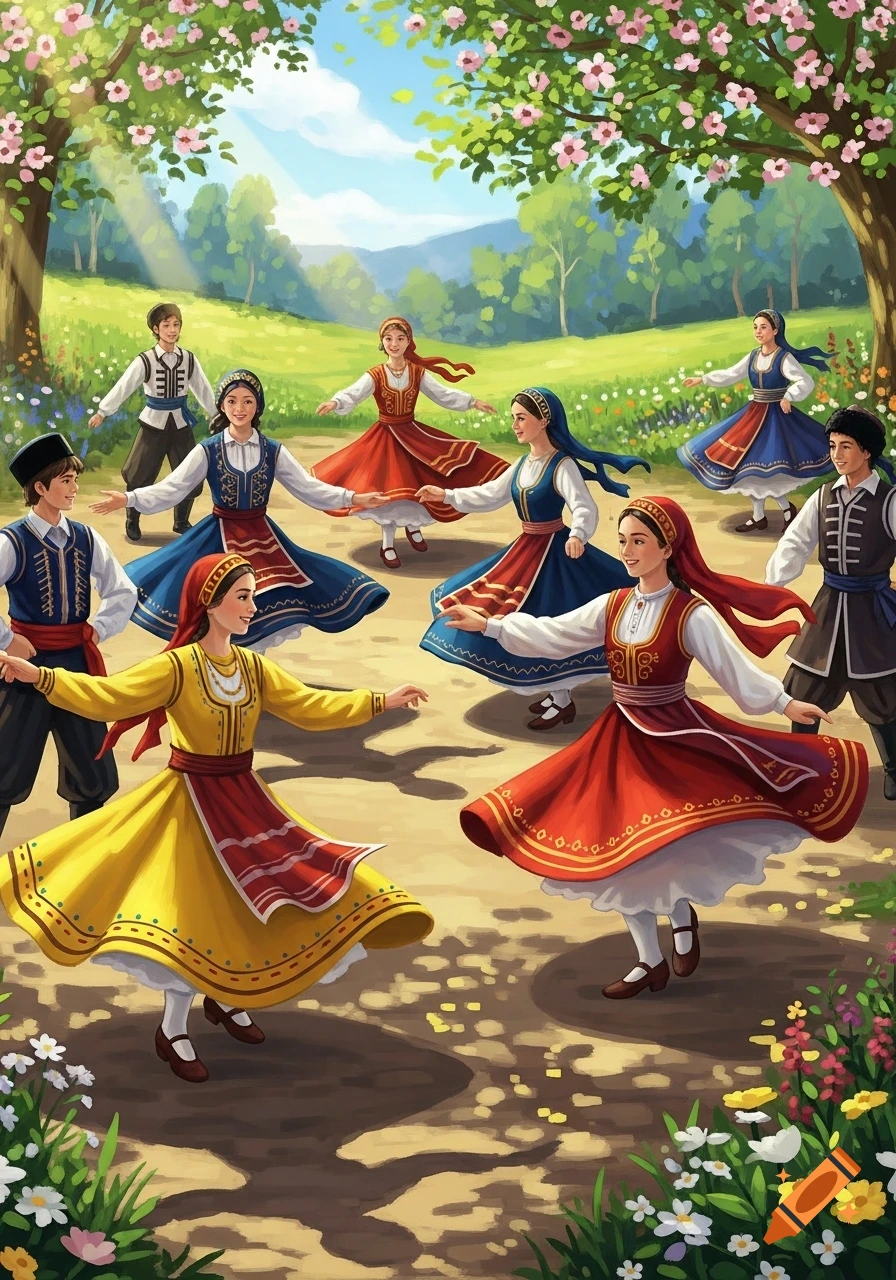 A group of people in colorful traditional folk costumes dancing outdoors under flowering trees on a sunny day.