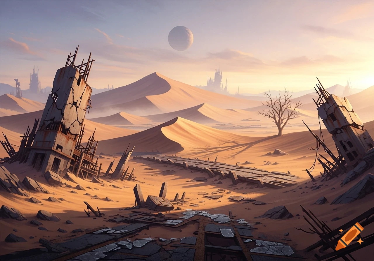 A vast, ruined desert landscape at sunset, with crumbling buildings, a solitary barren tree, and a large moon overhead.
