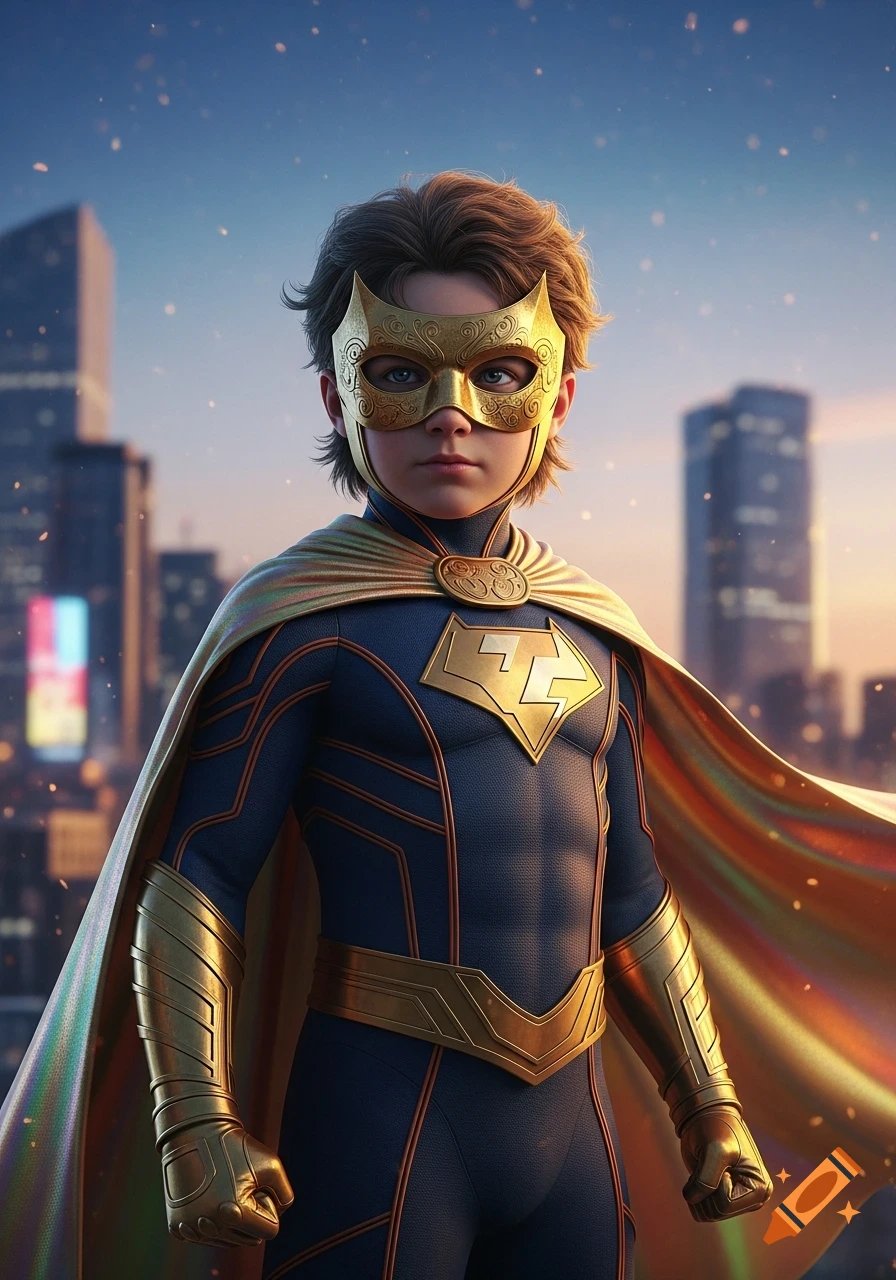 A hyperrealistic child superhero in a dark blue and gold suit with a golden bat-like mask and cape stands in a city at sunset.