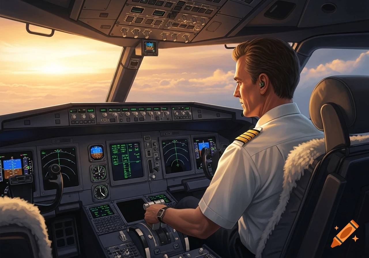 A pilot in a white shirt with epaulets sits in an airplane cockpit, steering with one hand, looking out at a cloudy sunrise.