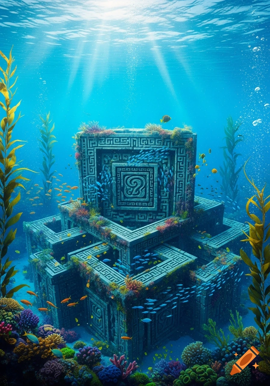 Vibrant underwater scene with ornate ancient ruins covered in colorful coral, surrounded by fish and kelp, with sunbeams from above.