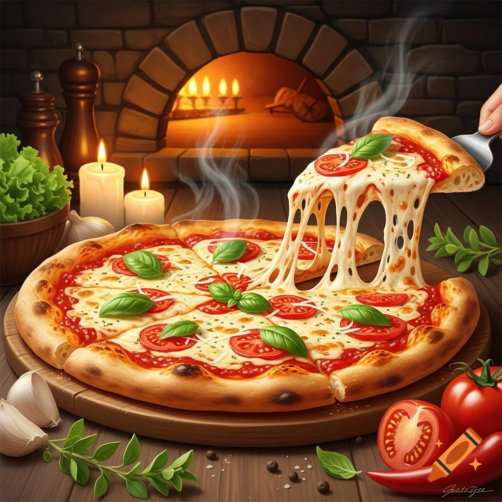 A cheesy pizza with melted mozzarella, basil, and tomatoes on a wooden board, a slice being lifted to reveal long cheese pulls. An oven glows in the background.