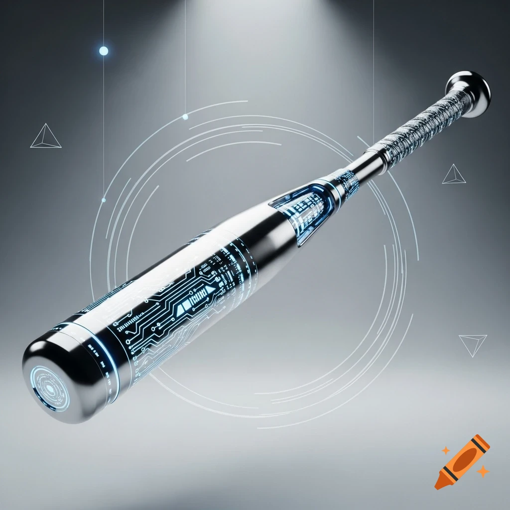 Shiny silver baseball bat with glowing blue circuit board patterns, floating against a grey background with tech elements.
