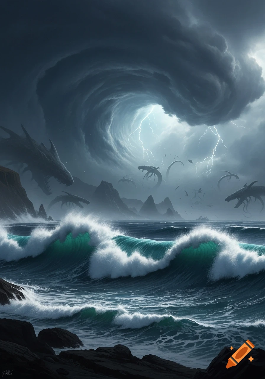 Stormy ocean with huge waves crashing on rocks, under a swirling dark sky with lightning and colossal Lovecraftian monster silhouettes.