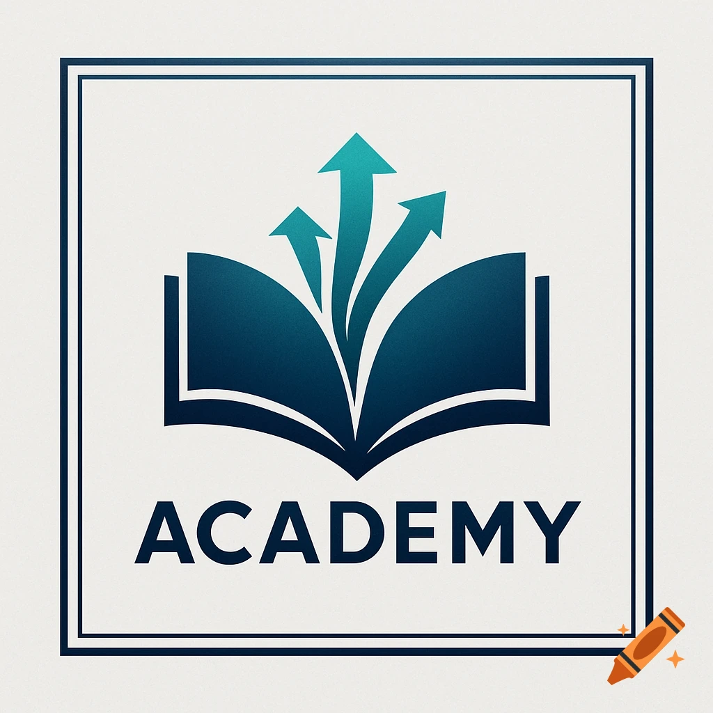 A blue and teal logo of an open book with three upward-pointing arrows, and the word "ACADEMY" below, within a double square border.