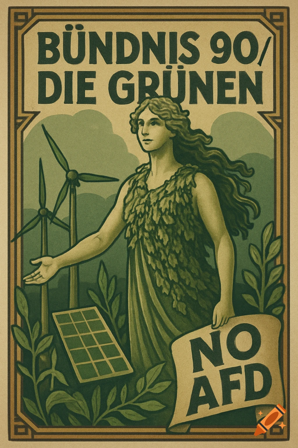 A vintage-style political poster for "B Dnis 90/Die Gr nen" with a woman, wind turbines, and "NO AFD" text, in muted greens and beige.