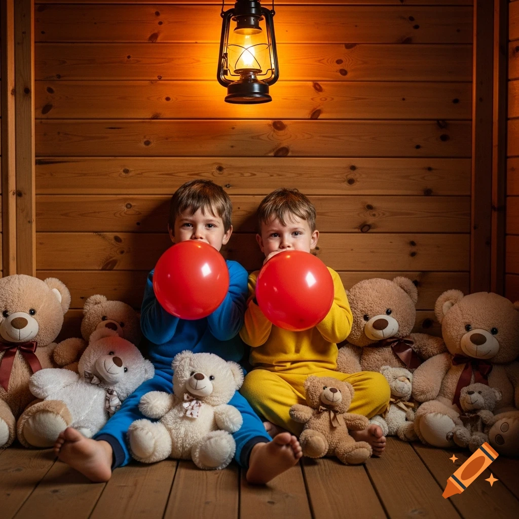 Two young boys in pajamas sit in a cozy wooden hut, each holding a large red balloon, surrounded by teddy bears.