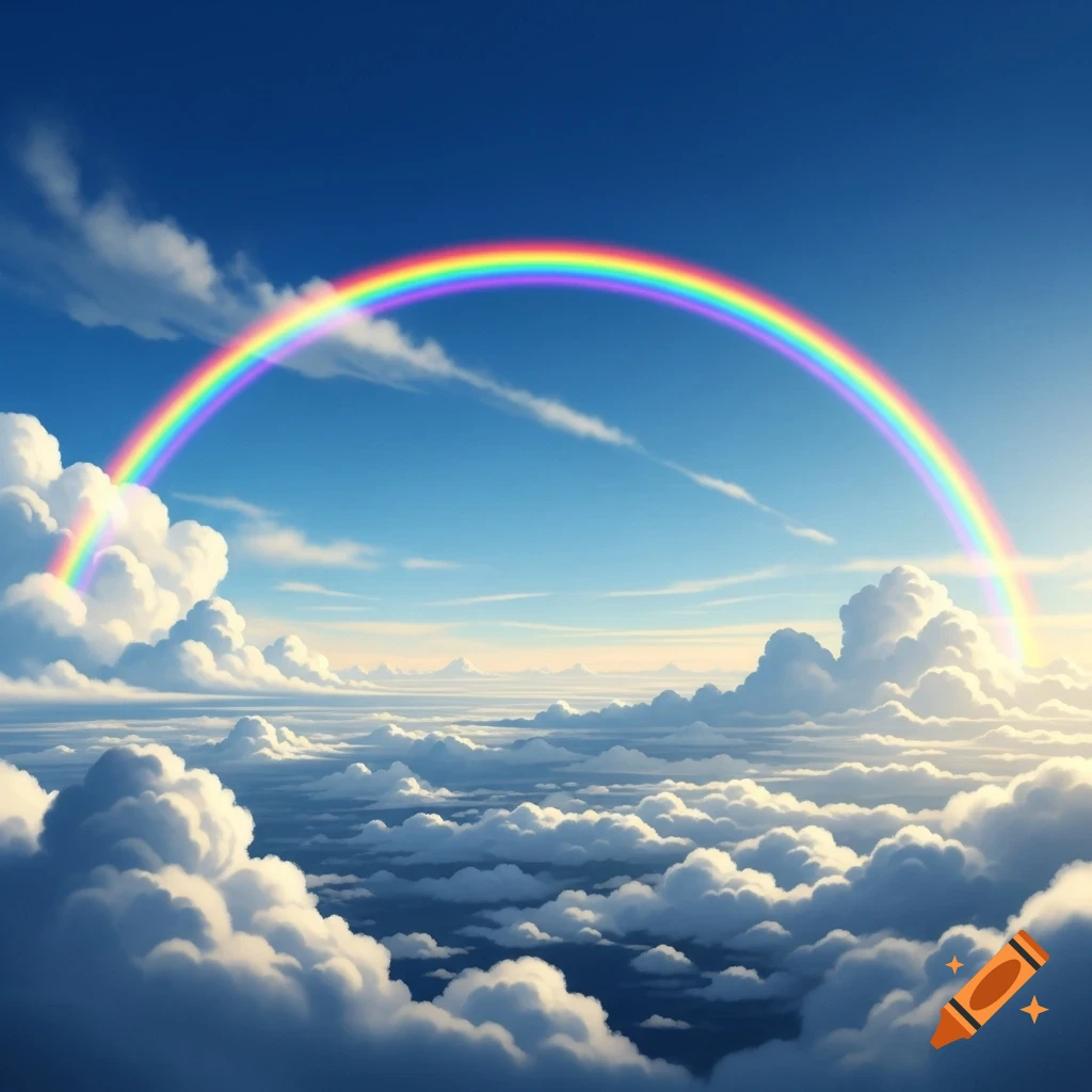 A vibrant rainbow arches over a vast expanse of fluffy white clouds under a clear blue sky.