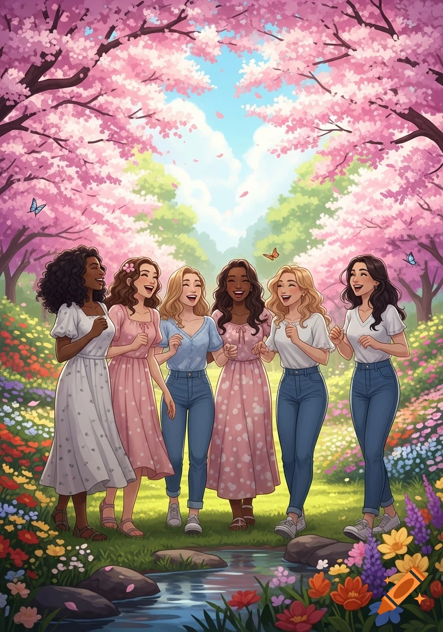 Six smiling women in a colorful, illustrated park blooming with pink cherry blossoms and vibrant flowers, with a small stream.
