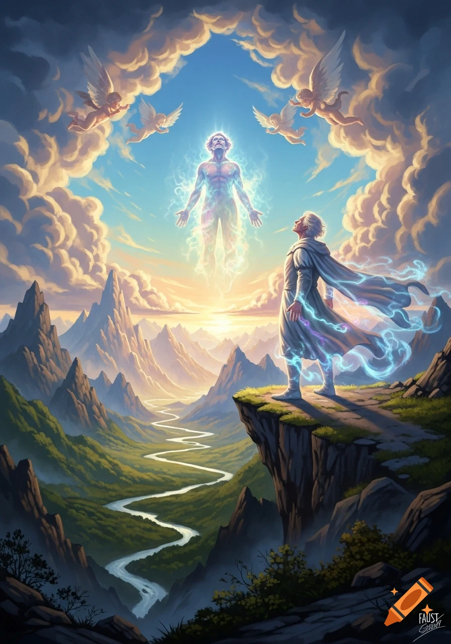 A robed figure stands on a cliff overlooking a winding river valley, gazing up at a glowing, ethereal man floating in the sky surrounded by cherubs and clouds.