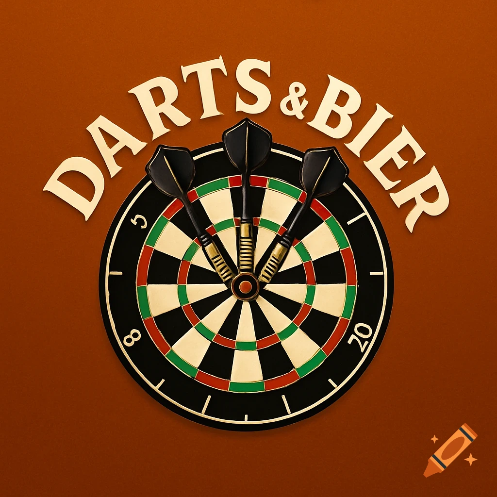 A brown background with a dartboard in the center. Three black darts are clustered in the bullseye area. Above the dartboard, the words "DARTS & BIER" curve in beige text.