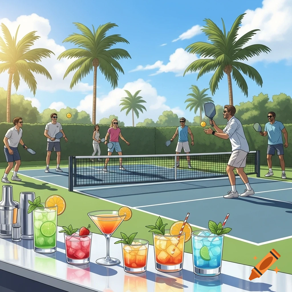 People playing pickleball on an outdoor court with palm trees under a sunny sky, with a selection of colorful cocktails on a bar counter in the foreground.