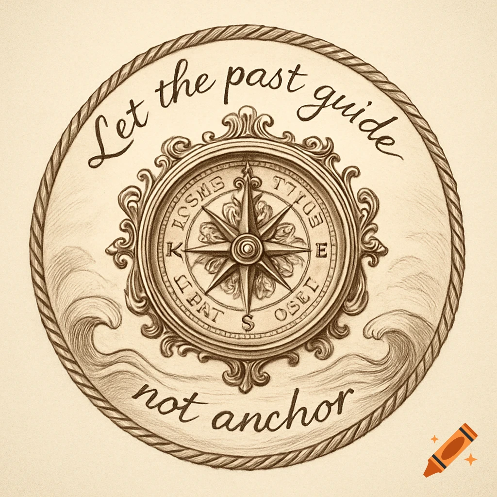 A circular sepia-toned illustration of an ornate antique nautical compass with waves, rope, and text 'Let the past guide not anchor'.