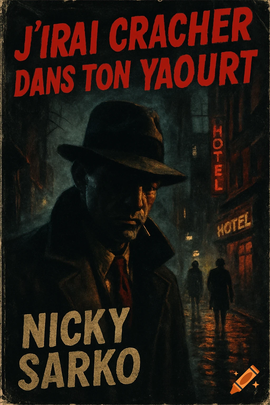 A shadowy man in a fedora and trench coat smokes on a rainy city street at night, with neon HOTEL signs. Pulp fiction book cover style.