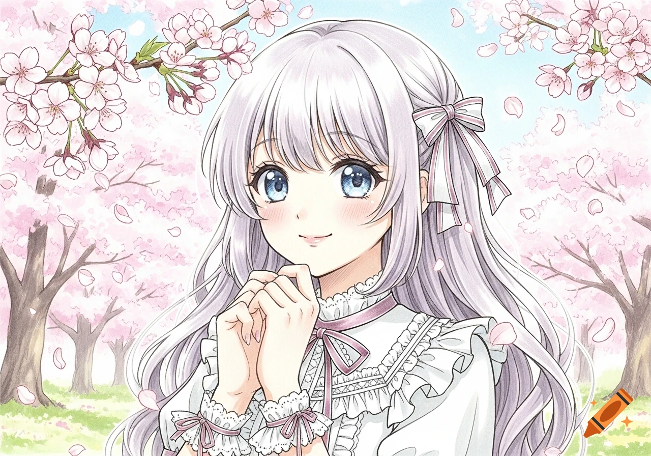Anime girl with white hair and blue eyes, smiling with hands clasped, surrounded by falling pink cherry blossoms.