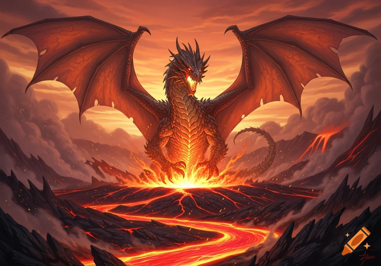 A majestic dragon with fiery eyes and glowing chest emerges from a volcanic landscape, spreading its large wings over flowing lava.