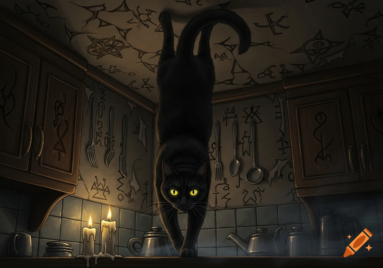 A black cat with bright yellow eyes walks upside down on a dimly lit kitchen ceiling covered in occult symbols.