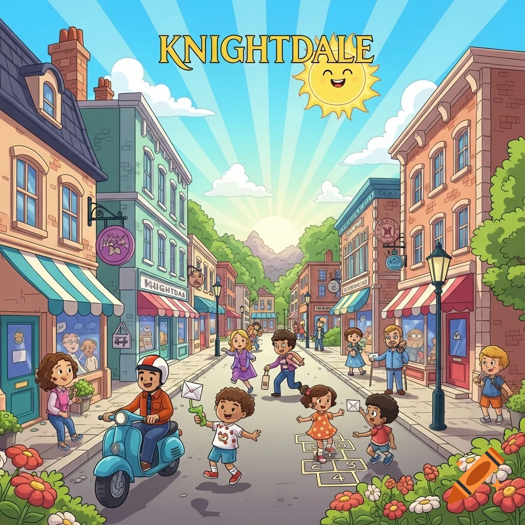 A cheerful cartoon town street with children playing, adults walking, and shops, under a sunny sky with the word 'KNIGHTDALE' at the top.