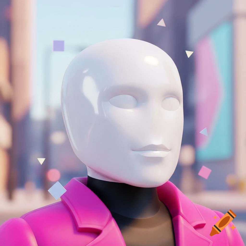 A stylized 3D render of a white mannequin-like figure in a pink jacket, against a blurred city background with floating shapes.
