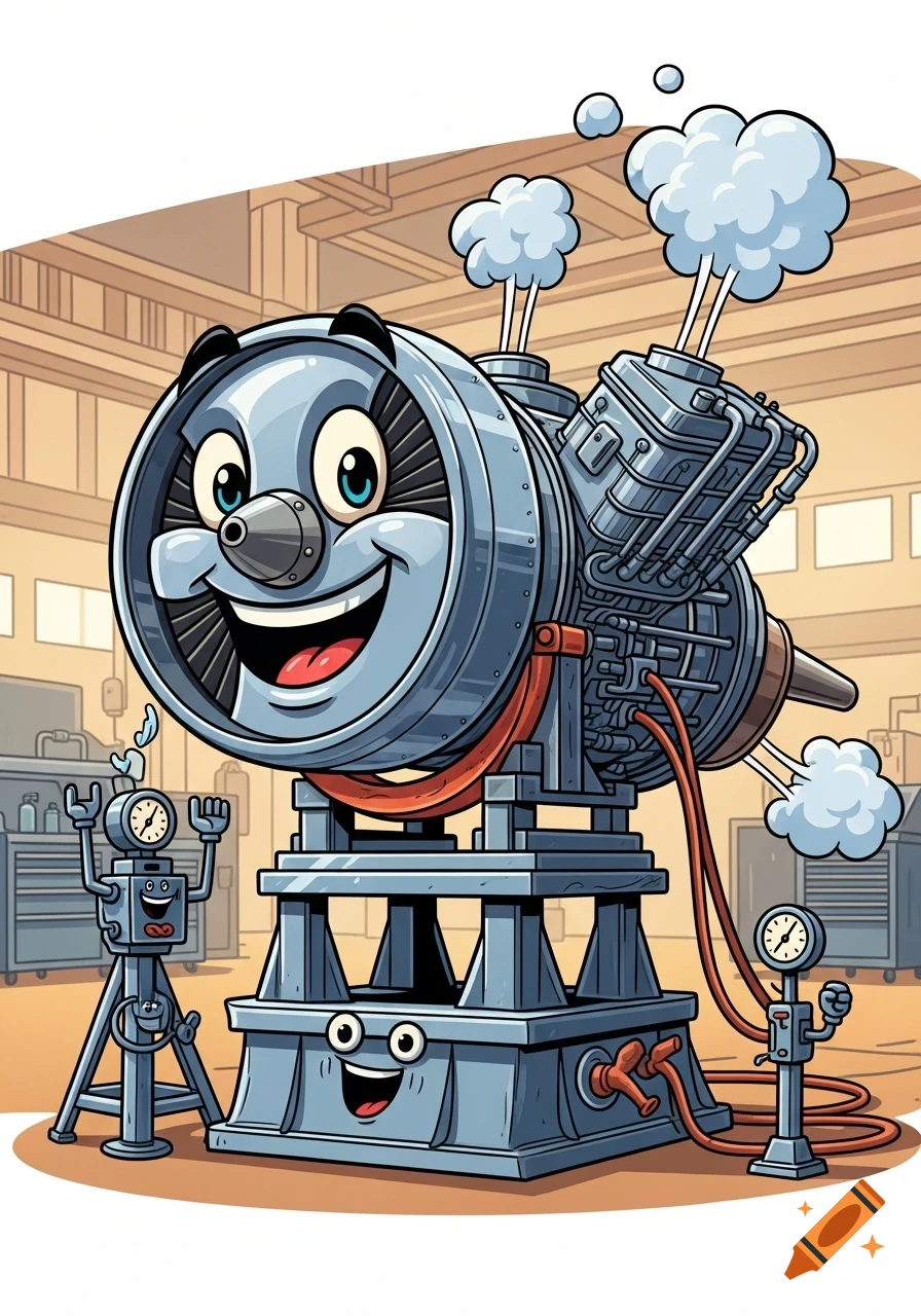 A happy cartoon jet engine on a test stand, with smaller smiling ...