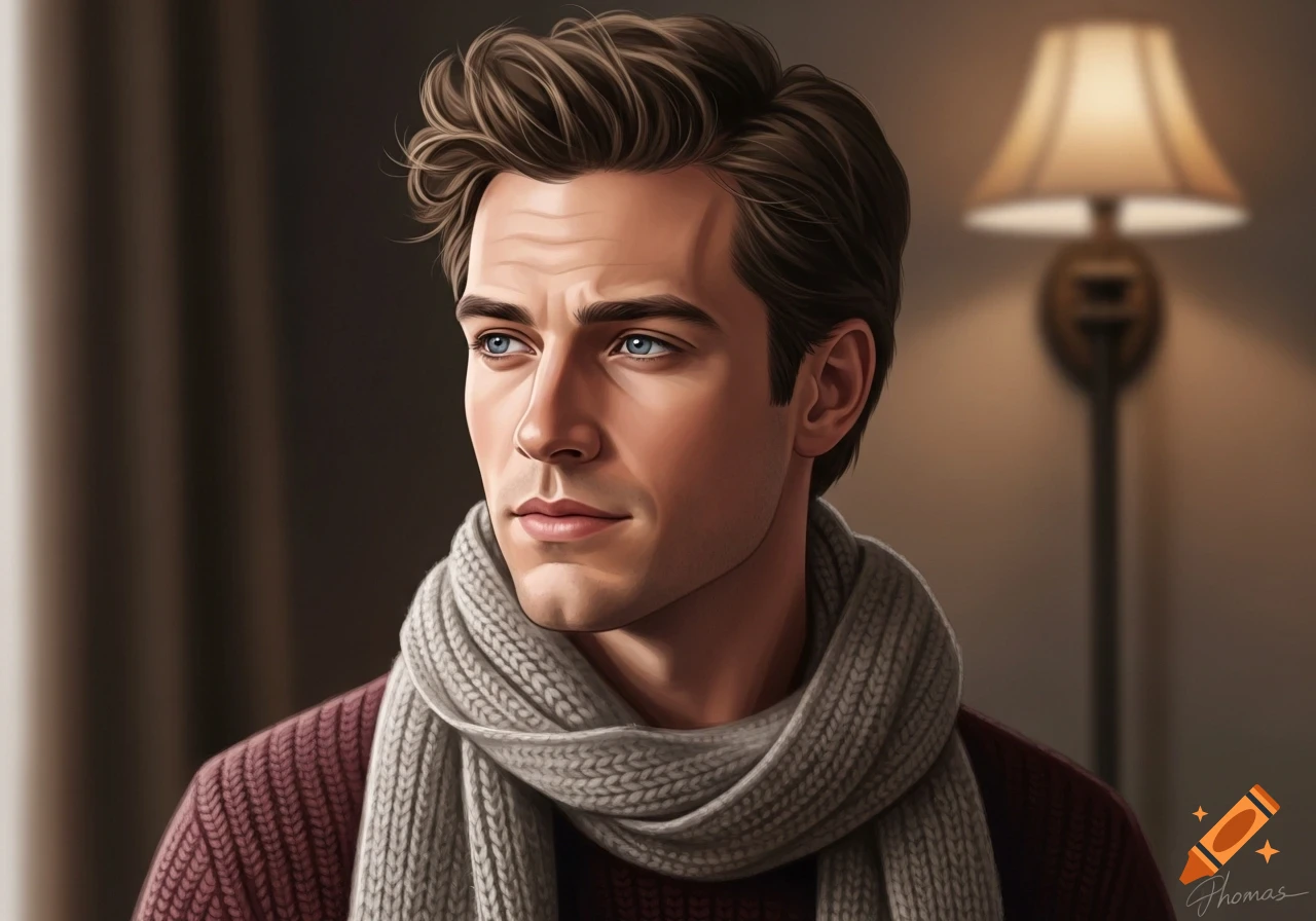 Digital painting of a man with blue eyes and wavy brown hair, wearing a red sweater and grey knitted scarf, looking left.