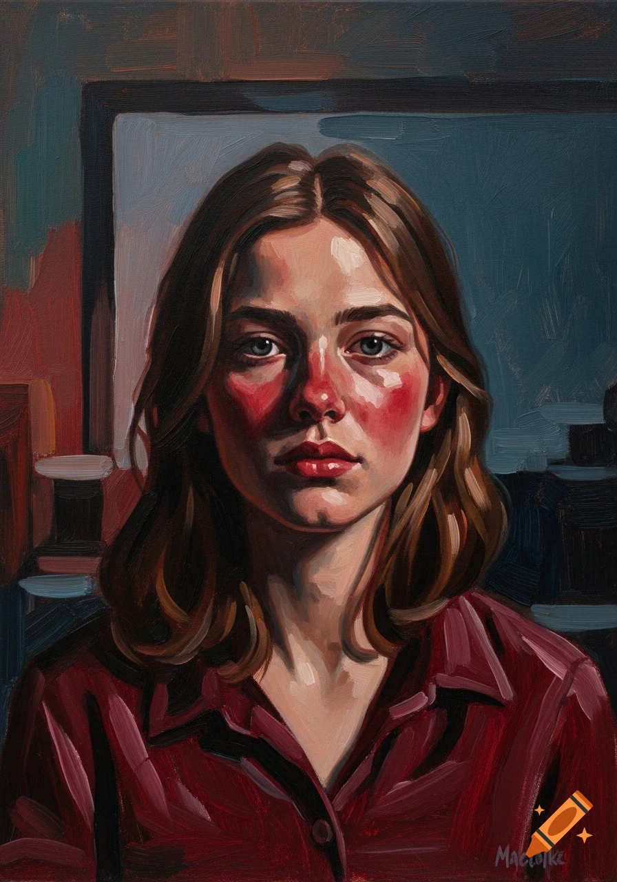 Oil painting portrait of a young woman with blue eyes and brown hair, wearing a red shirt, with dramatic red highlights on her face, looking directly forward.