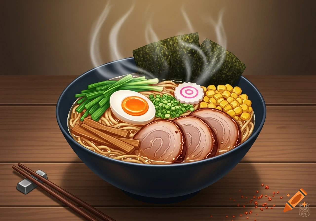 Vibrant illustration of a steaming bowl of ramen with pork slices, egg, corn, scallions, bamboo shoots, and nori.