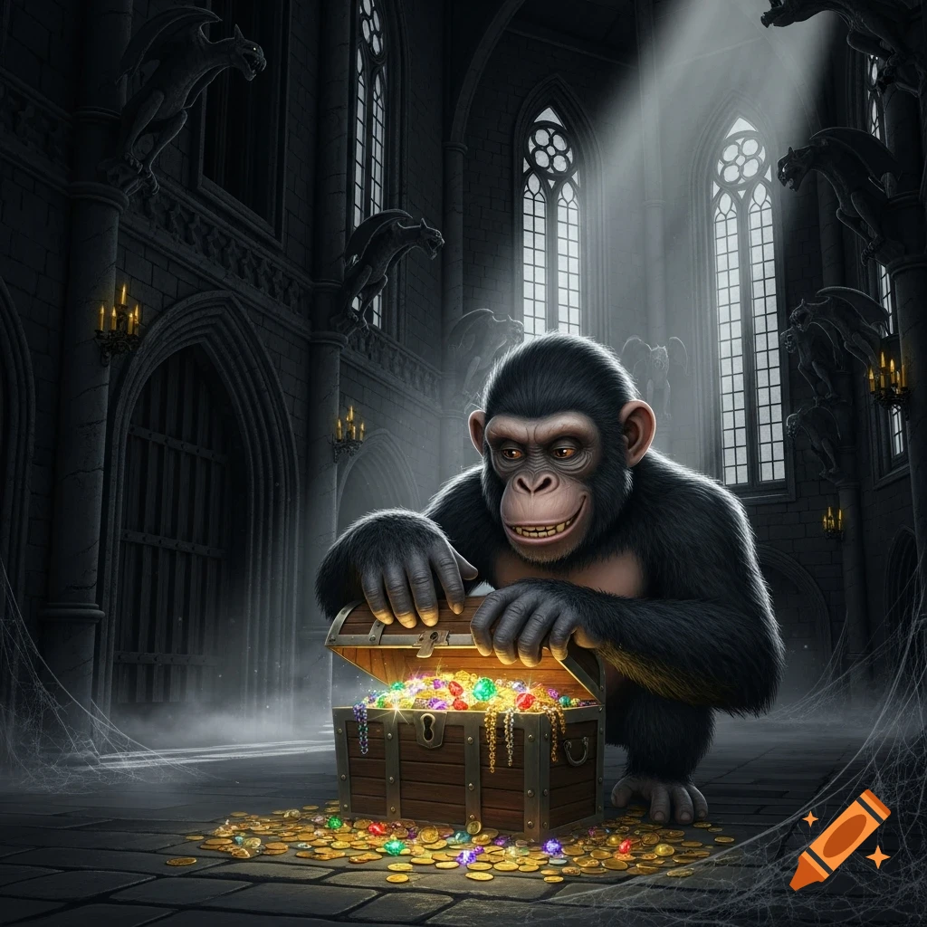 A chimpanzee with a wide grin opens a glowing treasure chest overflowing with gold coins and colorful gems inside a dark, gothic castle with gargoyles.