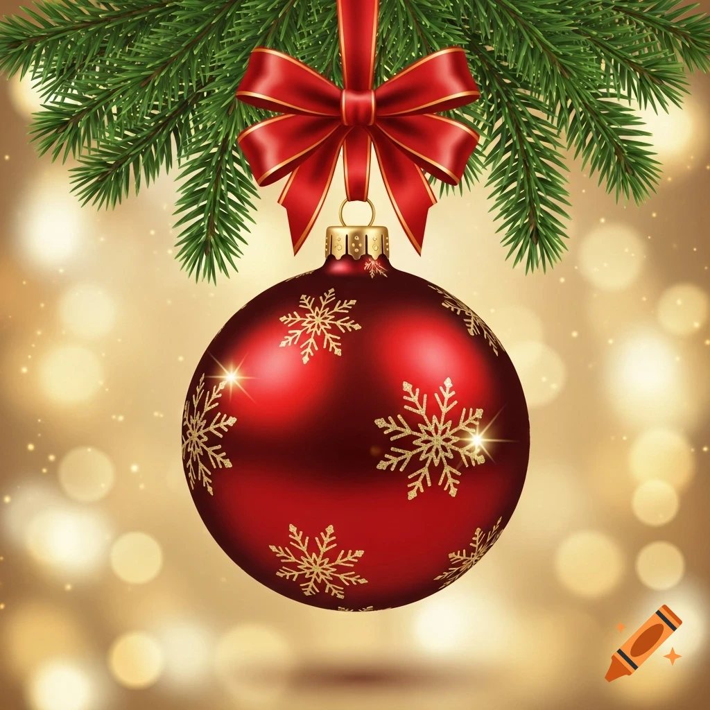 A red Christmas bauble with gold snowflake patterns hangs from green pine branches, adorned with a red bow, against a bokeh gold background.