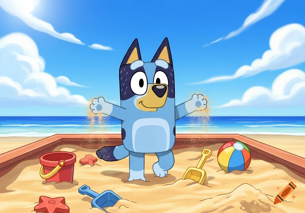 Bluey, the blue cartoon dog, plays in a sandbox at the beach, sifting sand with her paws.