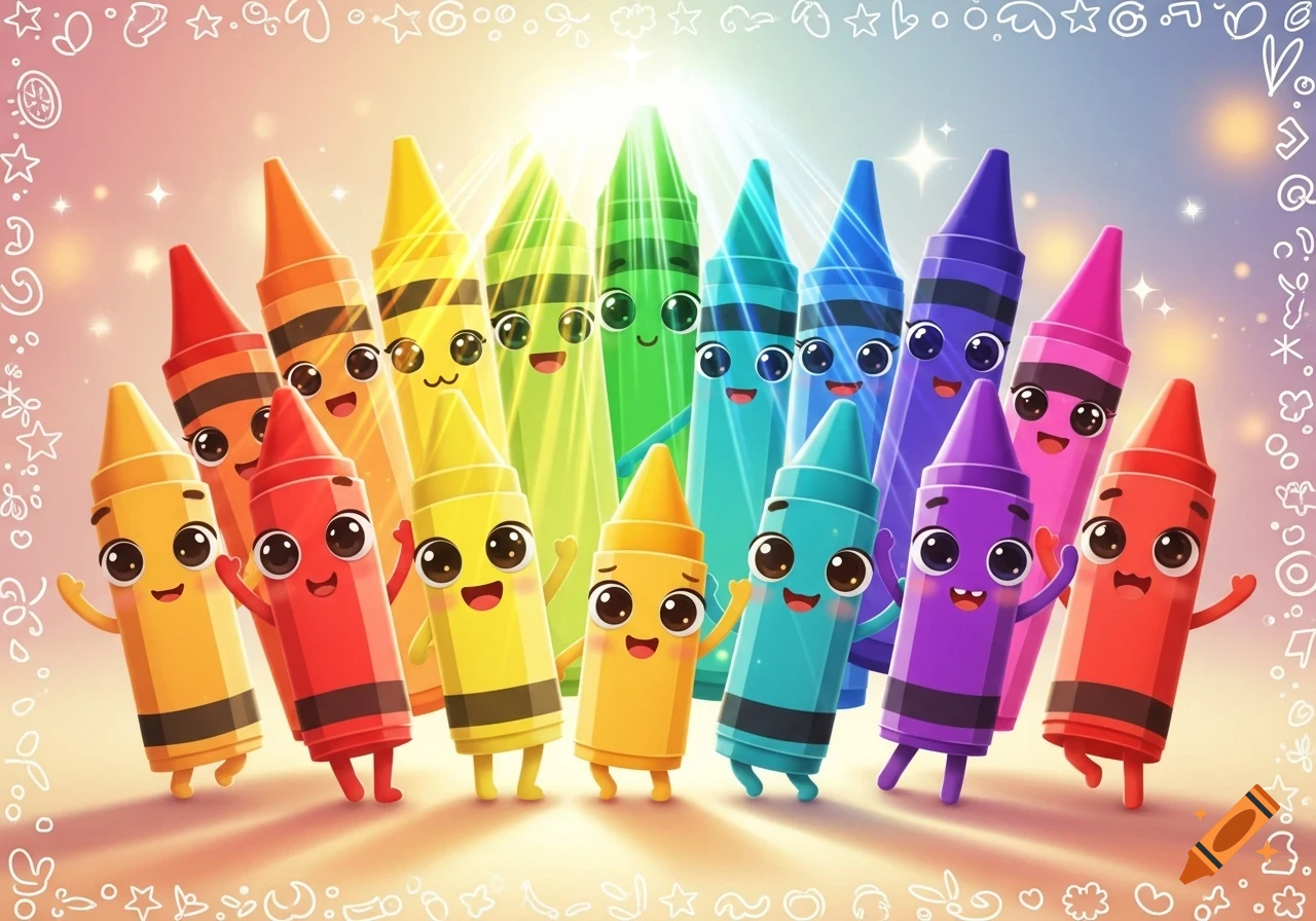 A group of vibrant, anthropomorphic rainbow crayons with cute faces and limbs stand together against a glowing background with decorative doodles.