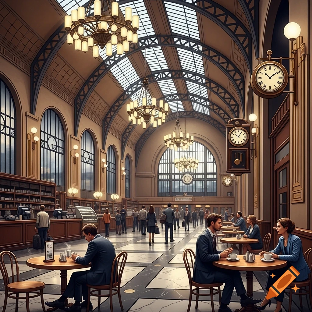 A grand, ornate train station cafeteria with a high arched ceiling, large chandeliers, and arched windows. People sit at tables and walk through the spacious hall.