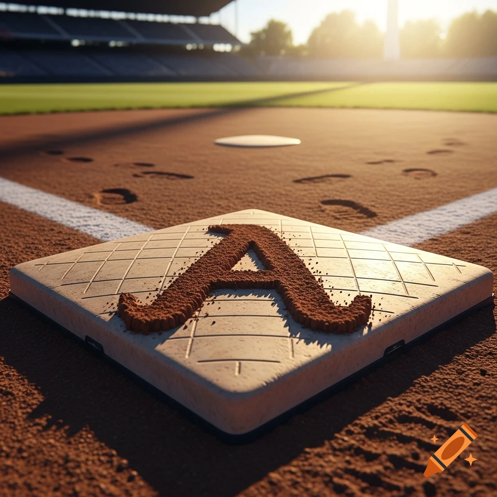 A baseball home plate on a sunny field, covered with dirt shaped like the letter A.