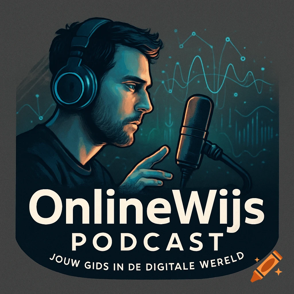 Digital illustration of a man with headphones speaking into a microphone, with the text 'OnlineWijs PODCAST Jouw gids in de digitale wereld' and abstract wave patterns.