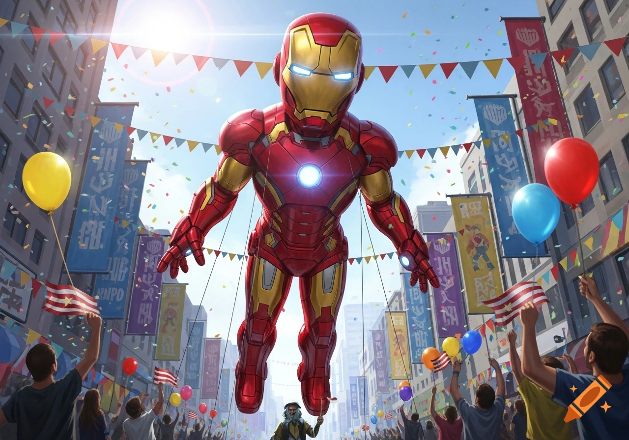 A huge Iron Man parade balloon floats down a city street filled with confetti, banners, balloons, and cheering crowds waving American flags.