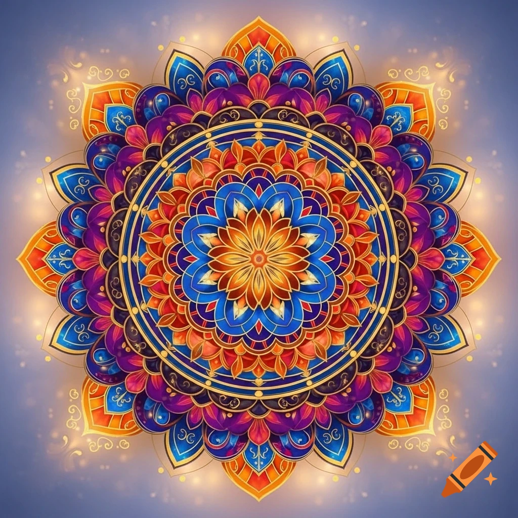 A vibrant, intricate symmetrical mandala design in shades of blue, orange, red, and purple with golden accents.