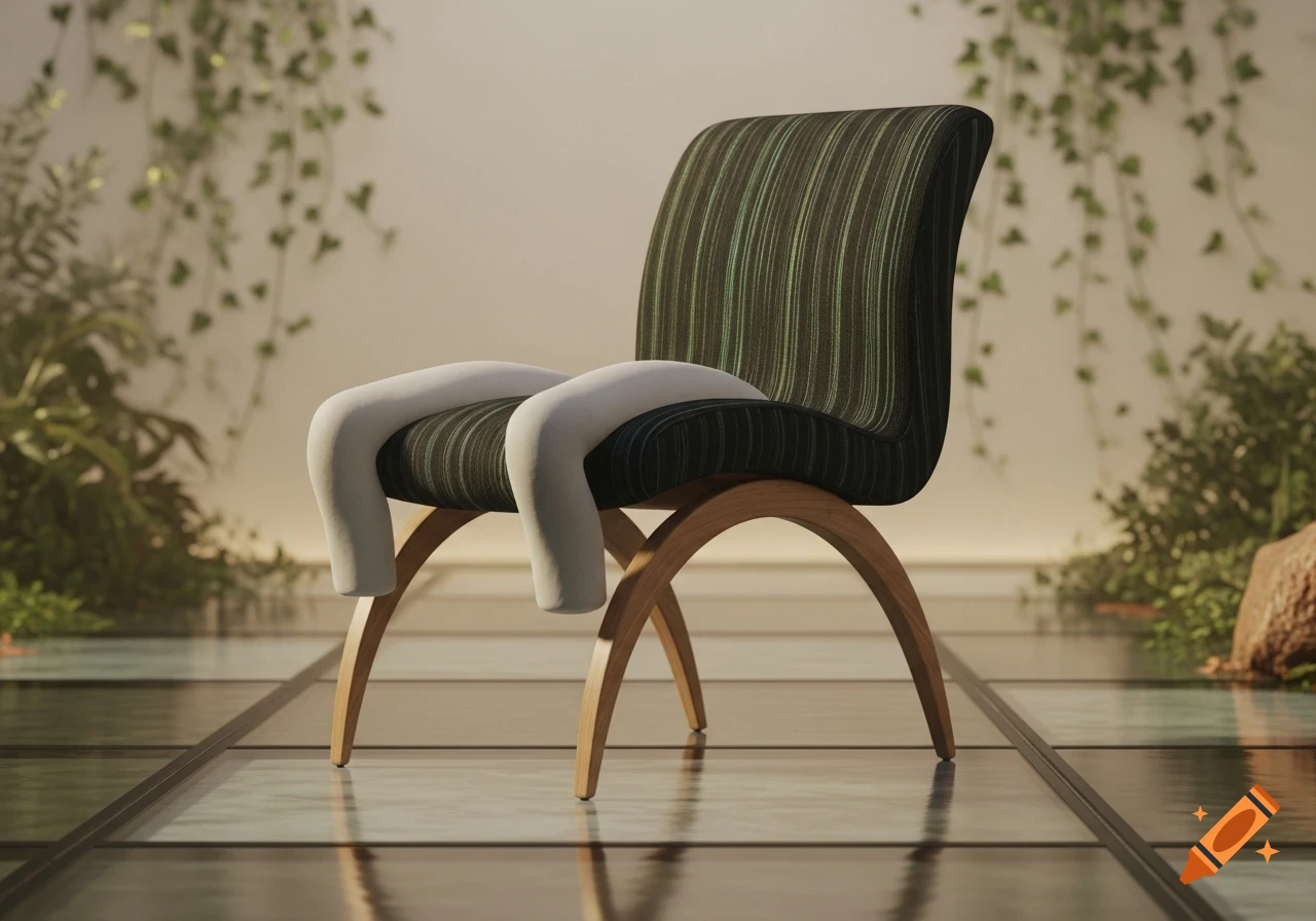 A unique modern chair with dark green stripes, curved wooden legs, and white, knee-like supports, in a room with plants.