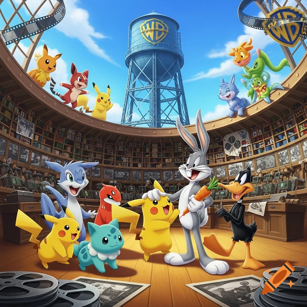 Bugs Bunny and Daffy Duck with Pikachu and other Pokemon characters in a Warner Bros. studio setting.