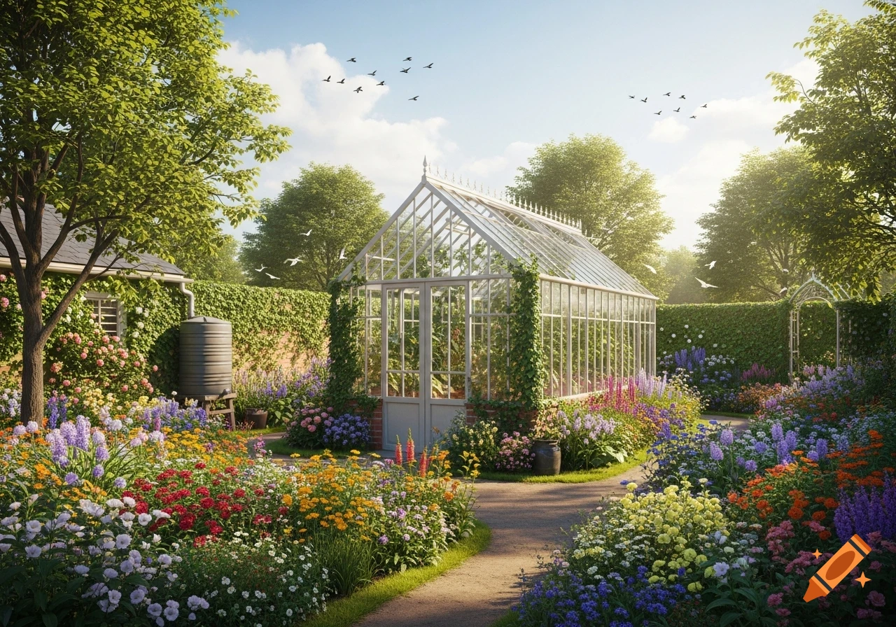 A lush garden featuring a glass greenhouse, vibrant flowers, a small brick building with a water tank, and birds flying in a clear sky.