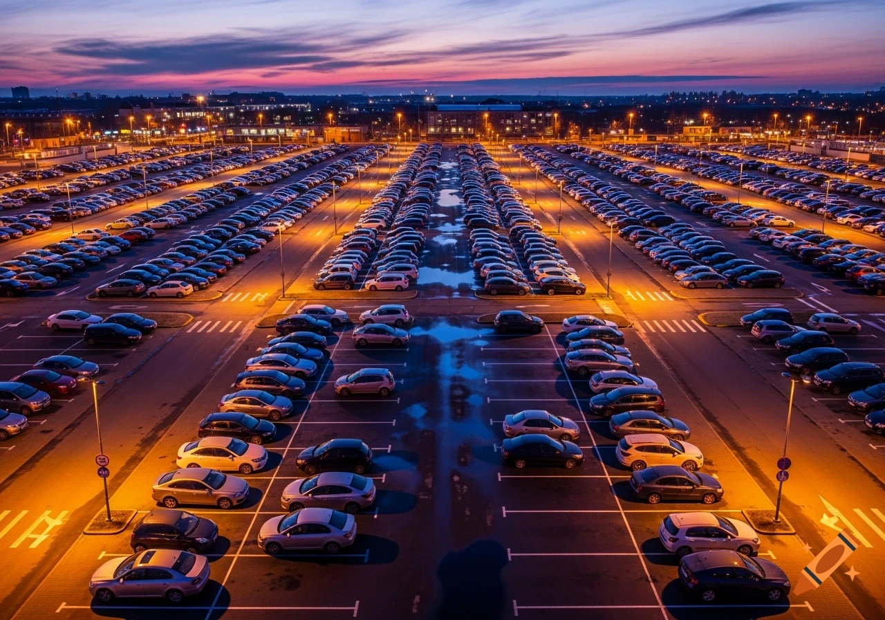 An aerial view of a massive parking lot filled with cars at dusk, illuminated by orange streetlights under a twilight sky.