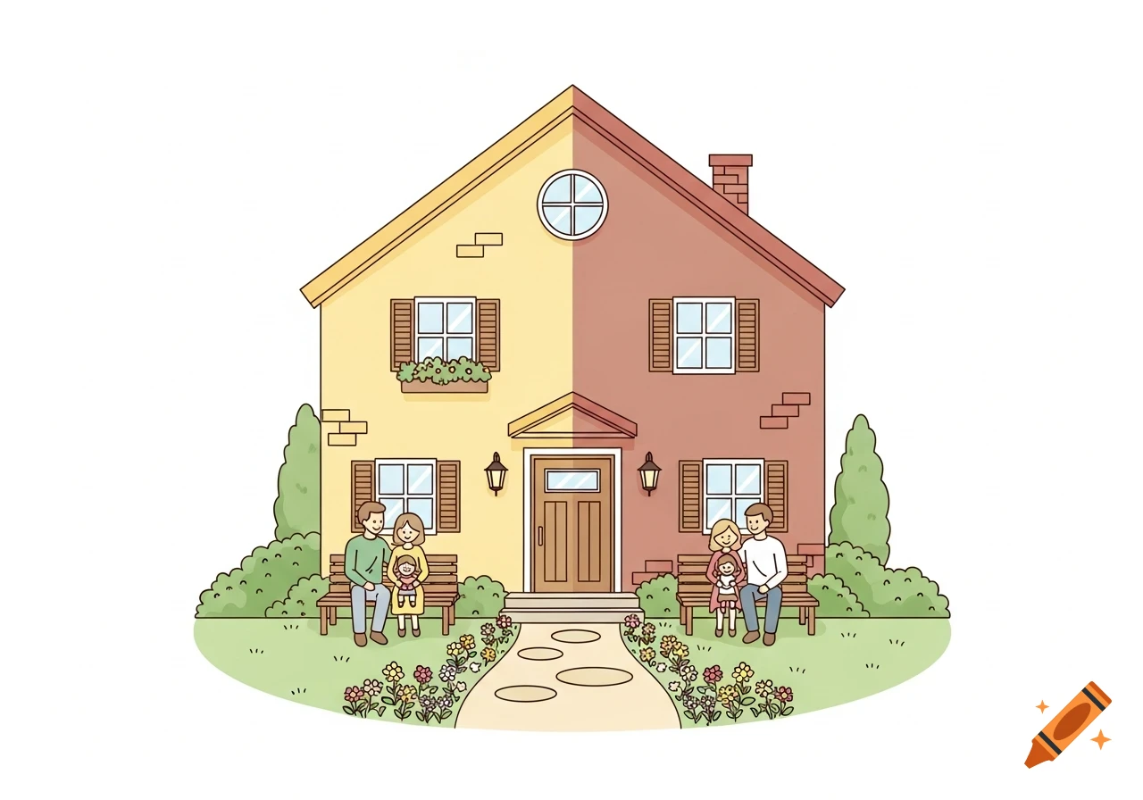 A cheerful clipart illustration of a house split into yellow and reddish-brown halves, with families on benches in the front garden.