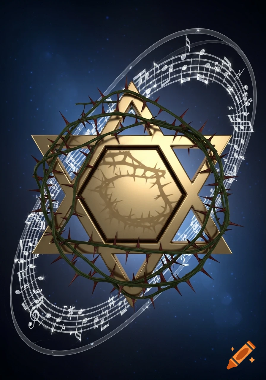 A golden Star of David wrapped in a thorny vine, surrounded by flowing musical notes against a starry blue background.