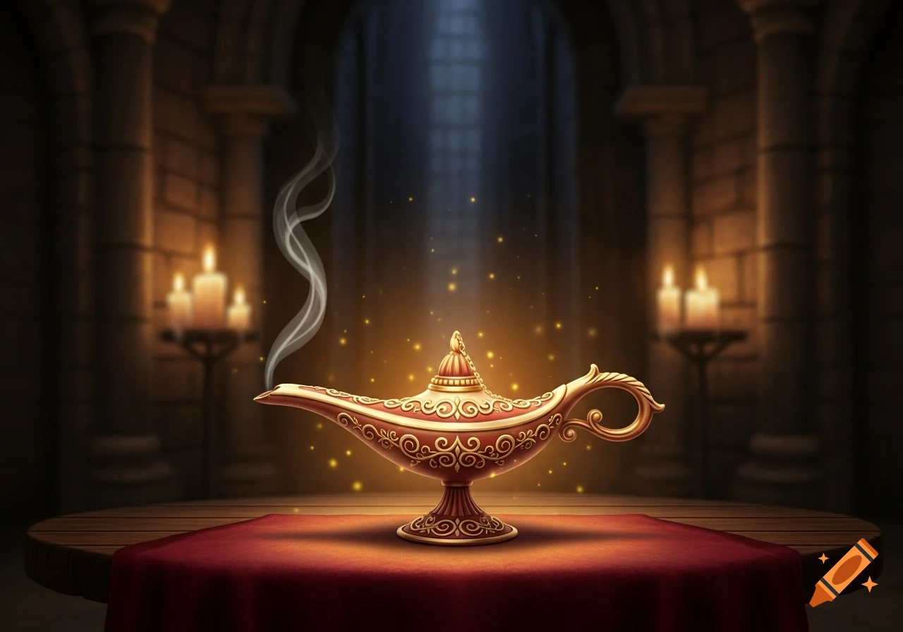 An ornate golden magic lamp with red accents sits on a red cloth, emitting smoke and golden light in a dark, ancient room with candles.
