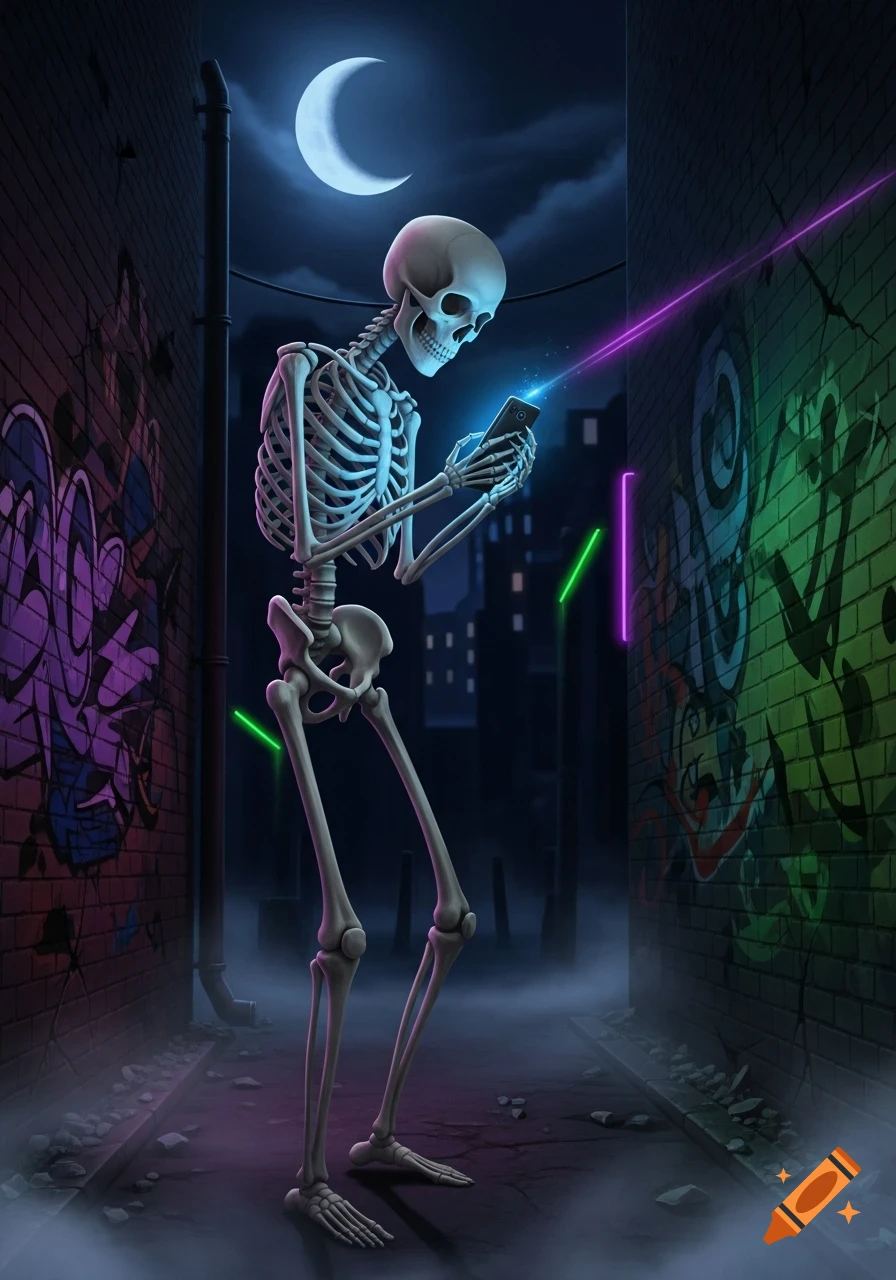 A stylized skeleton stands in a dark, graffiti-covered alley at night, looking at a glowing mobile phone under a crescent moon.